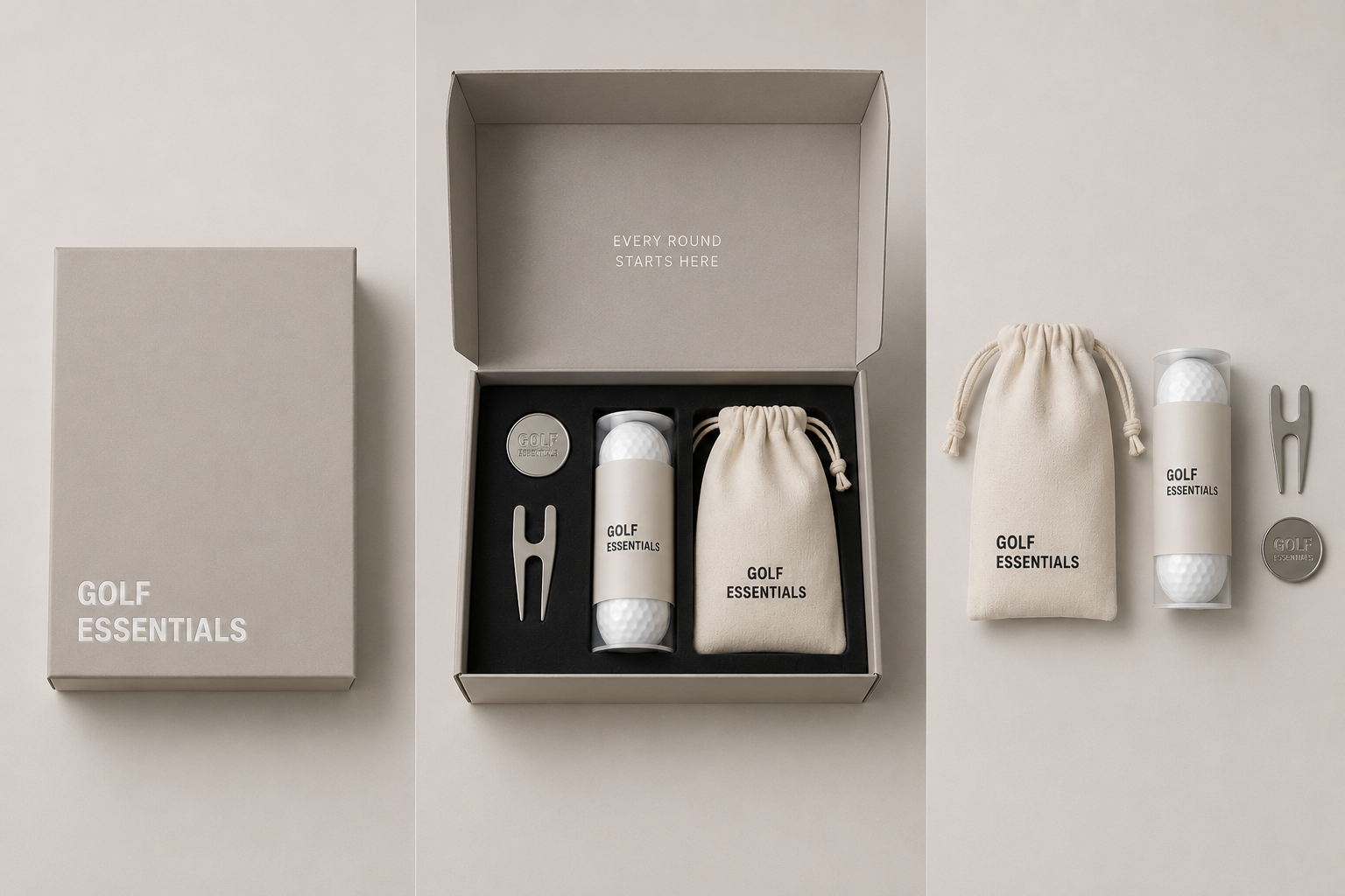 The Essentials Kit by Golf Essentials — premium golf gift box with ball marker, green repair tool, golf balls and tees in a drawstring pouch