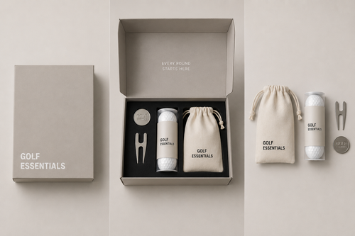 The Essentials Kit by Golf Essentials — premium golf gift box with ball marker, green repair tool, golf balls and tees in a drawstring pouch